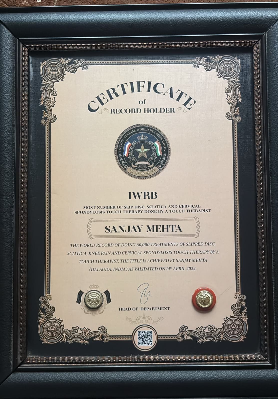 Framed IWRB certificate